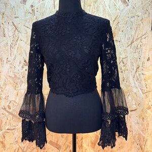 Revamped Black Lace Cropped Top | Gothic Victorian Bell Sleeve Blouse